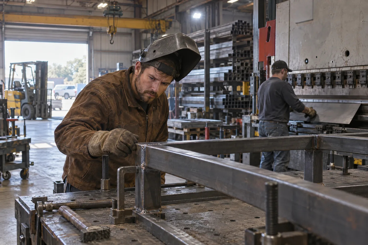 A welder inspects a steel frame in a Texas fabrication shop while a coworker runs a press brake
