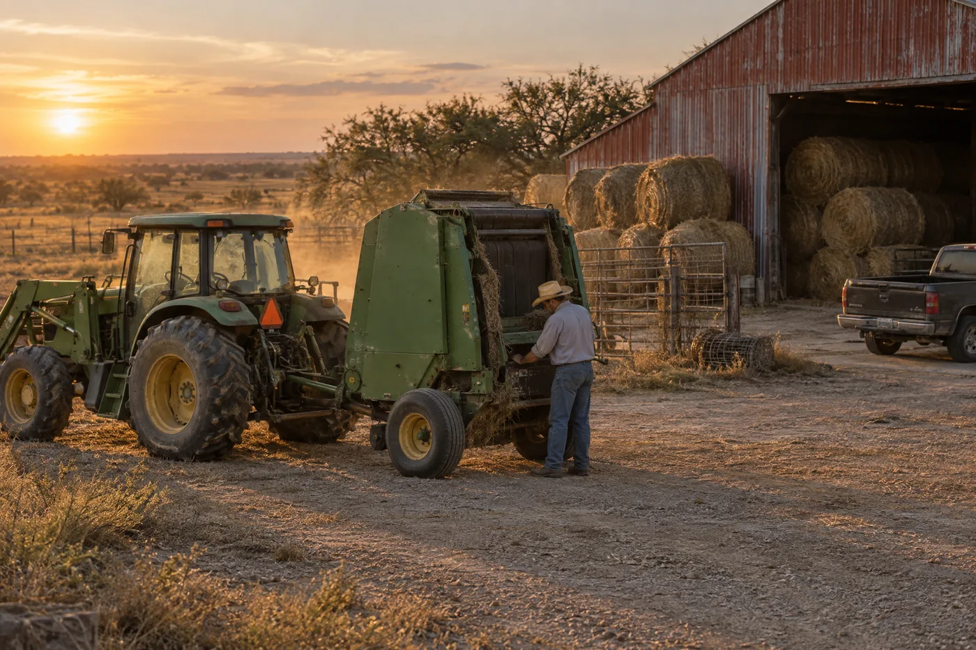 A rancher checks a round baler hitched to a tractor outside a hay barn at sunset
