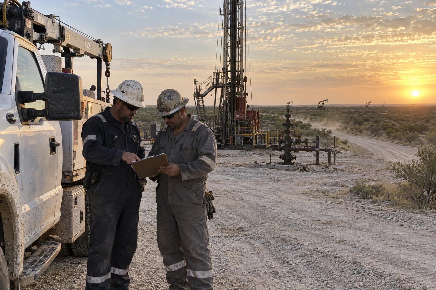 Two oilfield workers review paperwork beside a service truck at a West Texas well site