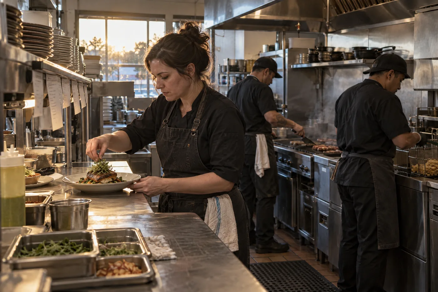 A chef plates a dish at the pass while line cooks work the grill in a Texas restaurant kitchen