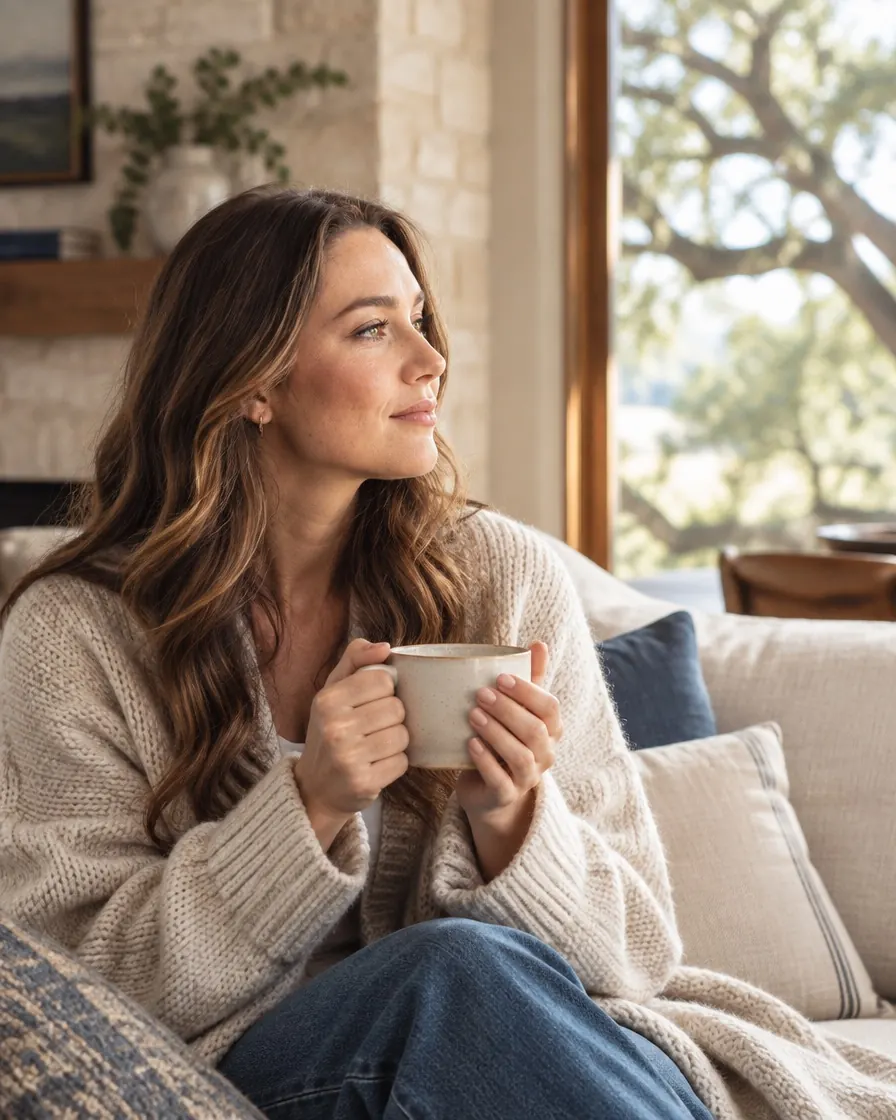 Woman enjoying coffee in a warm Texas home