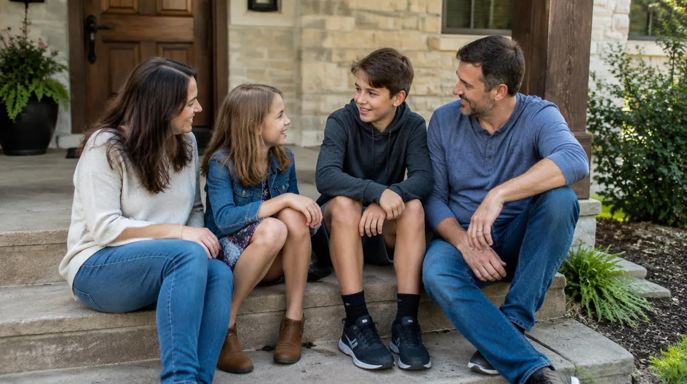 A family sharing a relaxed conversation on their porch steps