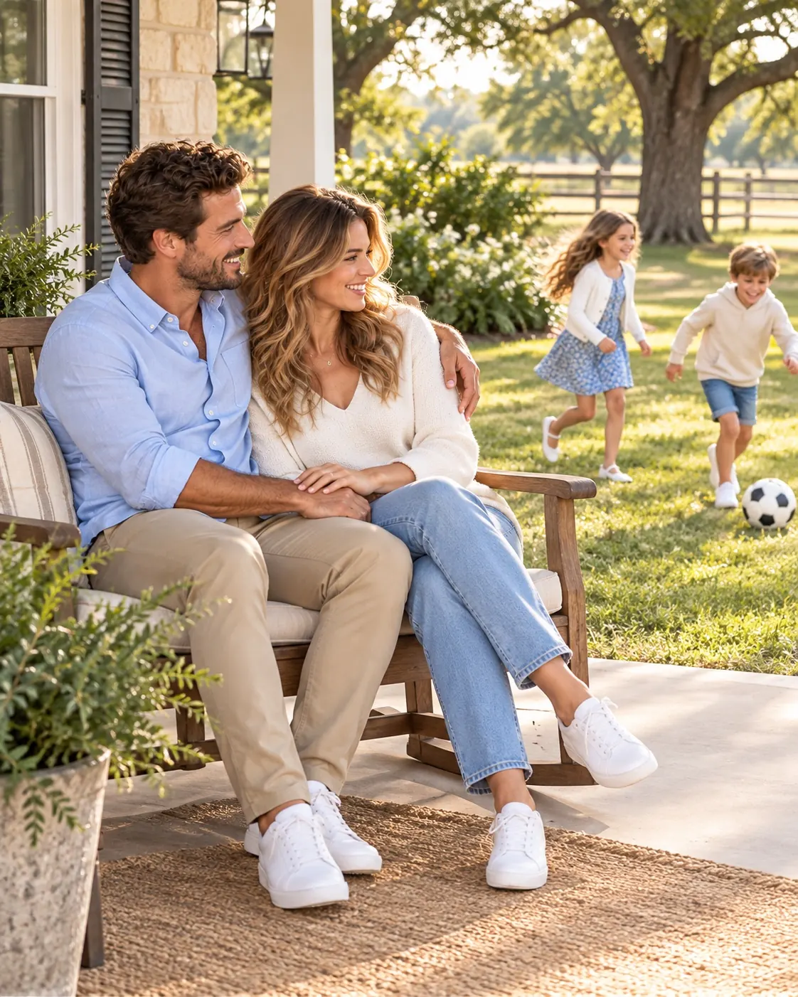 Parents relaxing together on their porch as their two children play in the yard