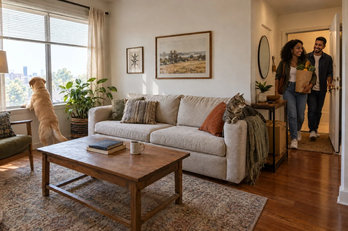 A couple arriving home, a dog standing on its hind legs with front paws on the window sill, and a cat lying on the sofa armrest