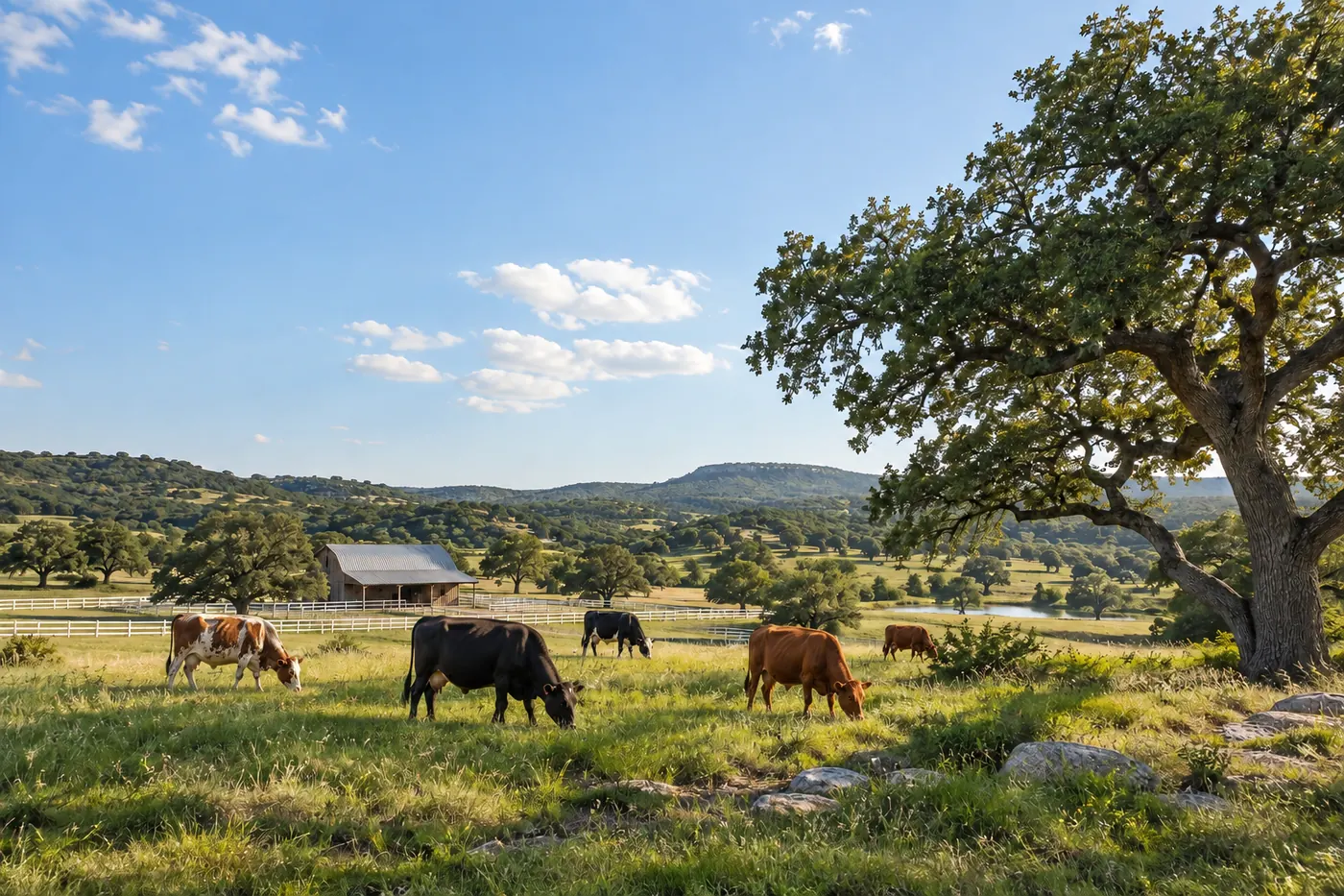 Cattle grazing in a green Texas pasture beneath a live oak