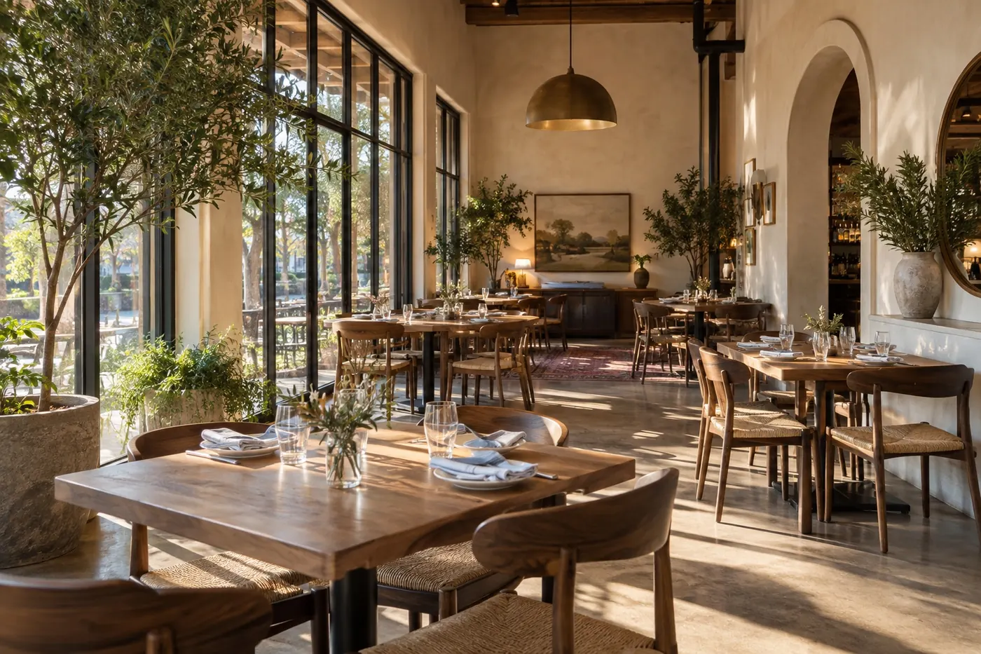 Sunlit restaurant dining room with wooden tables