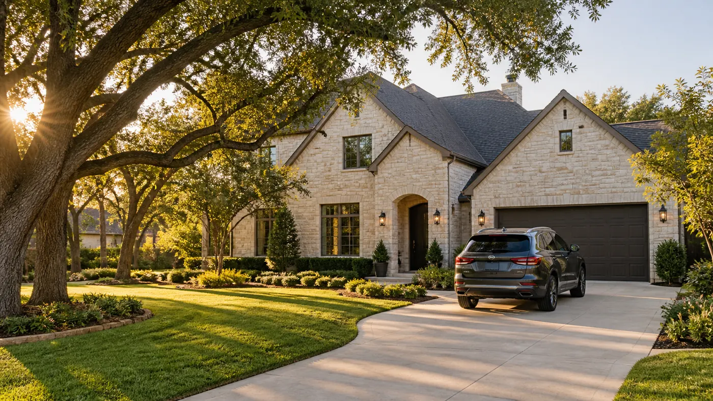 A sunlit Texas home and a car in the driveway